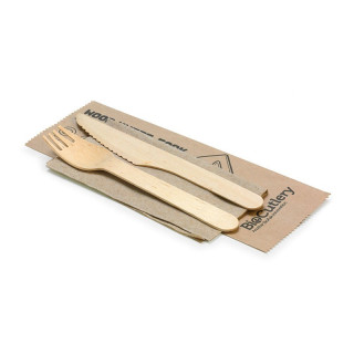 16cm Kinfe Fork and Napkin Wooden Cutlery Set Natural  400 pcs