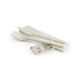 6.5" PLA Knife Fork Napkin Salt & Pepper Set - White  250 pcs